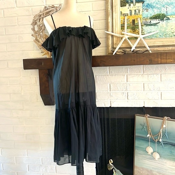 J.Crew,Year-Round Black Cotton Off-Shoulder Ruffle Tiered Midi Dress, Size XS - Picture 2 of 12